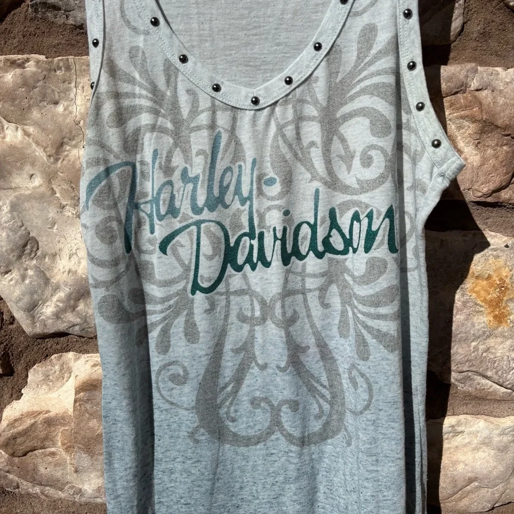 Harley Davidson Women’s Tank Top Studded Size Medium Light Blue Y2K - Picture 3 of 6